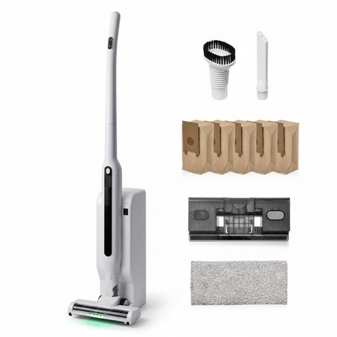 클래파 BLDC 초경량 자동먼지비움 클린스테이션 무선청소기 + 먼지봉투 5p + 물걸레키트 + 노즐 2종 BVC-S185, 화이트, [KC/빠른배송]BVC-S185