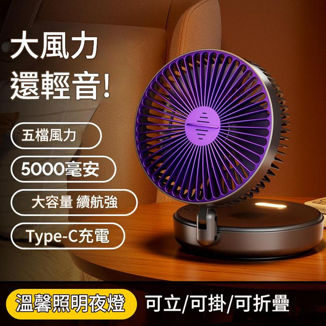 大風力輕音折疊夜光風扇 五檔風力 5000毫安 Type-C充電 可立/可掛, 灰, 頂配版 4800毫安 五檔製冷風 秒降溫 夜燈
