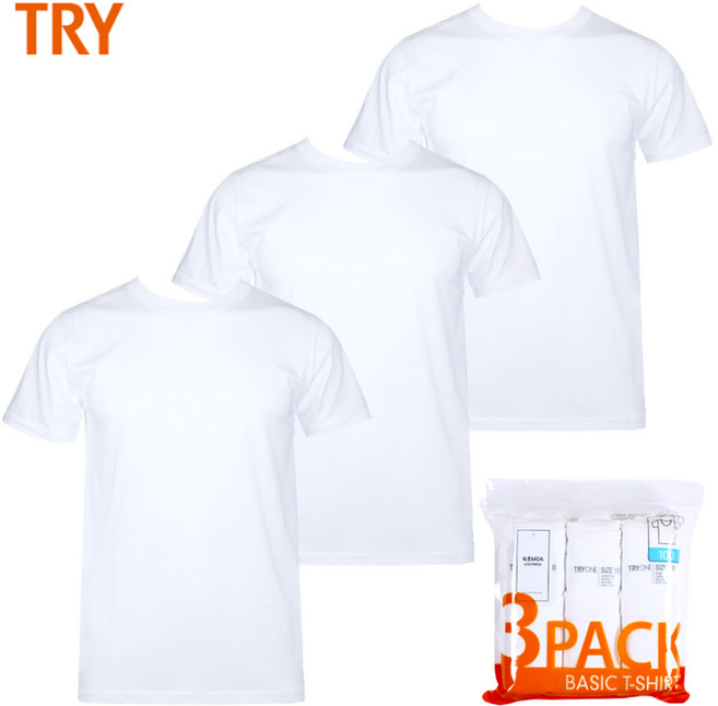 속옷MOA 트라이 남녀공용 베이직 라운드 흰색 반팔 면티 면티셔츠( 3매입)