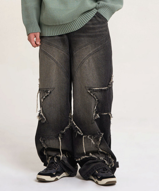 [벤힛] 스타 아플리케 데님팬츠 흑청