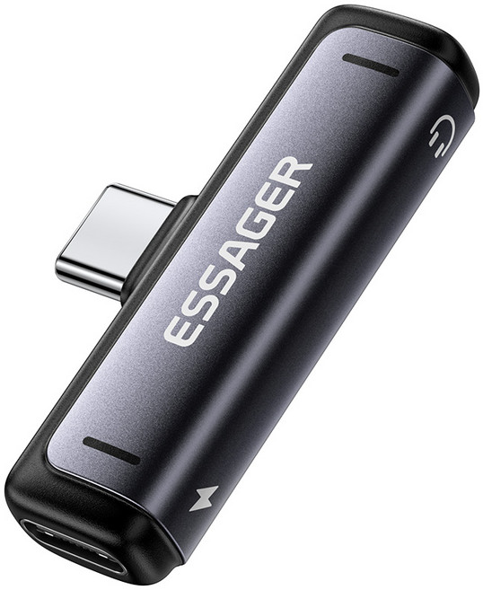 Essager L자형/90도 PD 60W C타입 마이크 이어폰 고속 충전 듀얼 젠더 3.5mm/C타입 연결 잭, 1개, 다크 그레이
