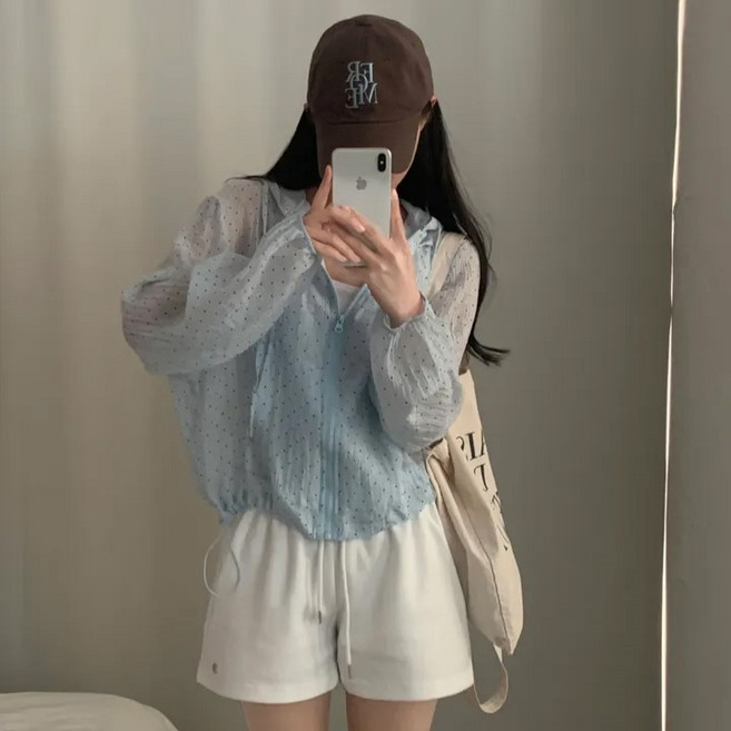 레티고 여름장마 간절기템 시스루 도트 긴팔 후드 집업