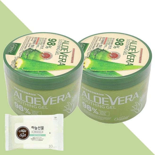 화이트오가니아 착한 알로에베라 수딩 젤 98% 500g 2개(+하늘선물 물티슈 10매), 2개 - 쿠팡