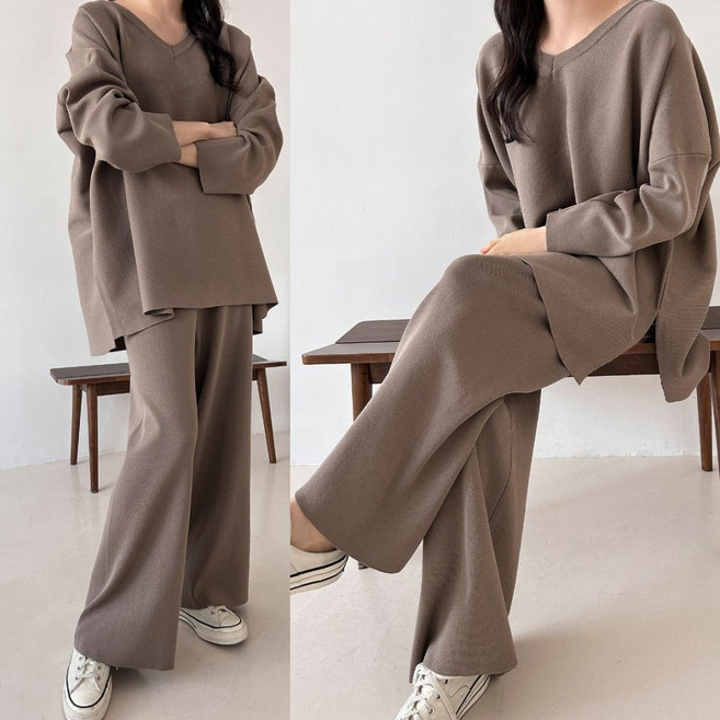 러브포텐 빅사이즈 여성 브이넥 니트 상하세트 봄 가을 오버핏 와이드팬츠 V넥 긴팔롱티 투피스세트 루즈핏 데일리 트레이닝복세트