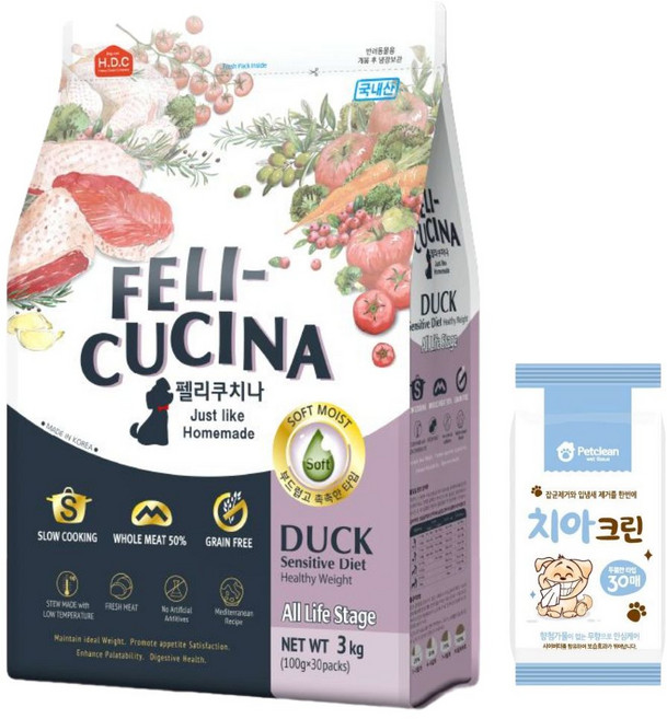 H.D.C 펠리쿠치나 소프트사료 3kg 치아깨끗티슈제공 사료, 오리, 1개