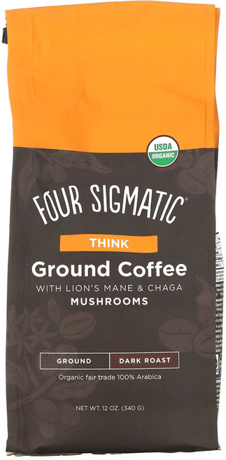 Four Sigmatic 머쉬룸 그라운드 커피 노루궁뎅이버섯 및 차가버섯 함유 다크 로스트 340g 1팩, 1개