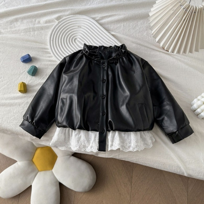 러블리 레이스 배색 여아 블랙 가죽 자켓 점퍼