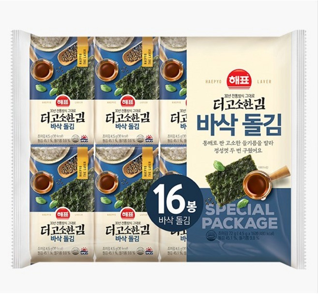 해표 더 고소한 김 바삭돌김, 4.5g, 16개