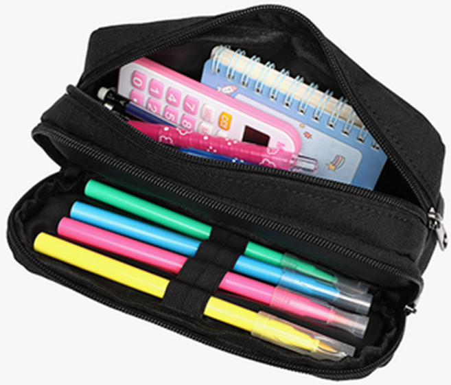 엘라누아 대용량 더블포켓 직장인 학교 필통, 블랙