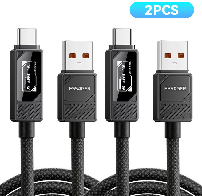 ESSAGER 디스플레이 PD 100W 7A USB A-C타입 초 고속 충전 케이블, 2개, 블랙, 0.25m