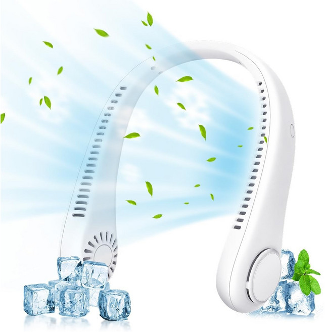 DS 휴대용 저소음 충전식 넥밴드 선풍기 3단계 풍속조절, 화이트