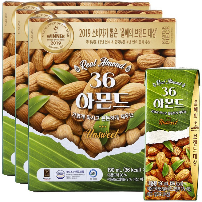 삼육식품 36 아몬드 언스위트, 190ml, 48개