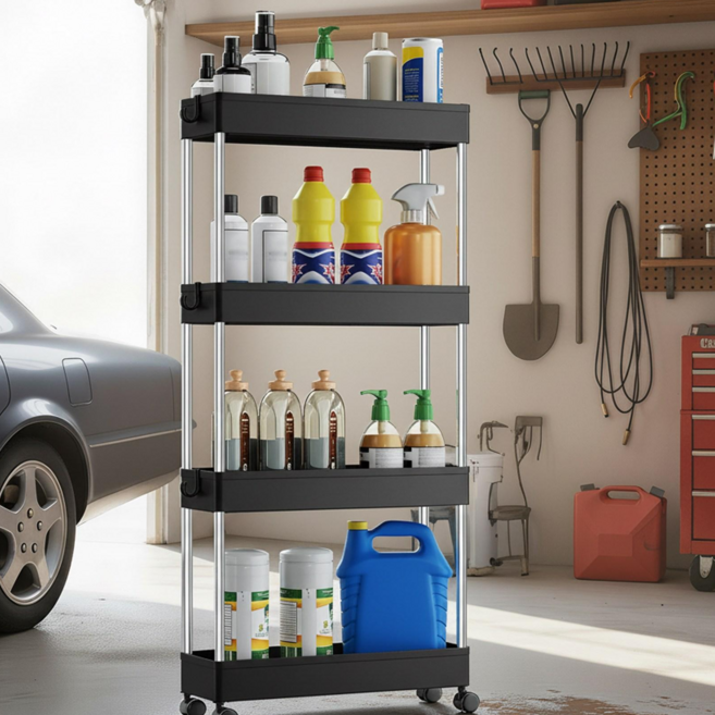 SONGMICS 다용도 이동식 360도 회전 바퀴 플라스틱 틈새 트롤리 욕실 주방 사무실 세탁실용, 블랙, 4단