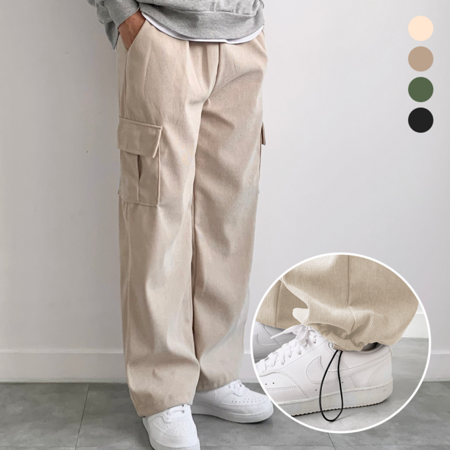 핏노블 남자 코듀로이 카고바지 밴딩 와이드팬츠