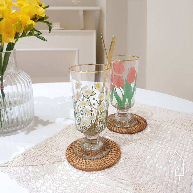 레트로 빈티지 플라워 고블렛잔 홈카페 데이지 튤립 카페 맥주잔 와인잔 집들이 유리컵 꽃잔, 벚꽃 티스푼, 1개