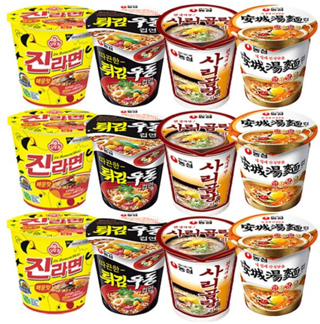 진라면 매운맛 3개+튀김우동 3개+사리곰탕 3개+안성탕면 3개 소컵 골라담기