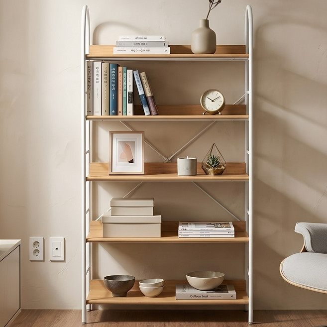 소프트엣지 조립식 거실 철제 책장선반, 5단, 우드 화이트