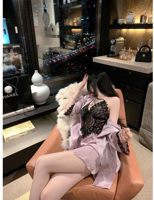 티류으스 여성 섹시 아이스실크 스트랩 나이트가운 레이스 파자마 홈웨어 순수감성 Z0407