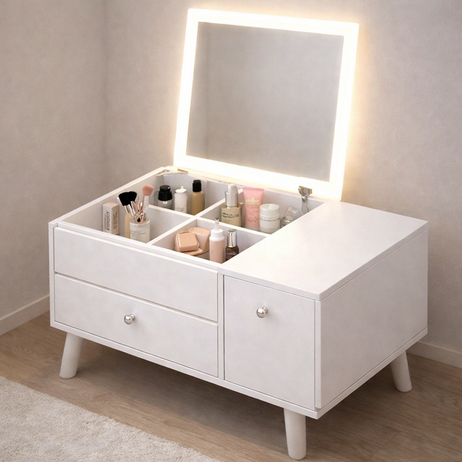 소프트엣지 LED 미니 좌식 화장대, 올 화이트 60cm (LED 포함)