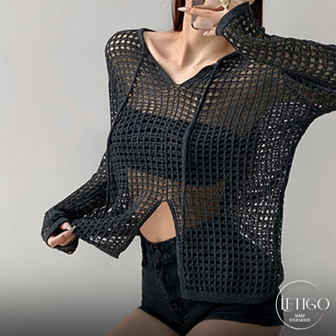 레티고 썸머 커버업 루즈핏 시스루 펀칭 메쉬 니트 밑단 슬릿 티