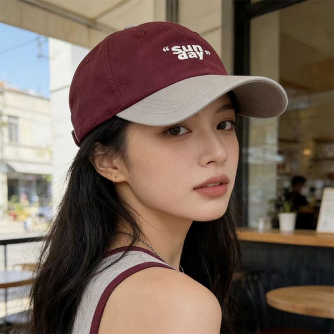 VITALO 투톤 레터링 데일리 볼캡 남녀공용 SUNDAY 자수 코튼 캐주얼 모자