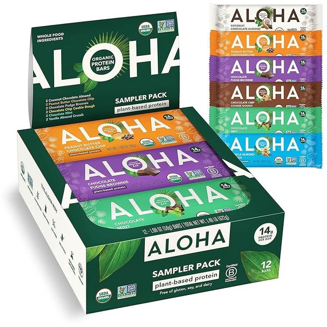 ALOHA 유기농 식물 기반 단백질 바 땅콩 버터 초콜릿 칩 12개 56.1 g(1.98 온스) 바 비건 저설탕 글루텐 프리 팔레오 저탄수화물 GMO 프리 스, 버라이어티 팩 (6가지 맛), 1세트 - 쿠팡