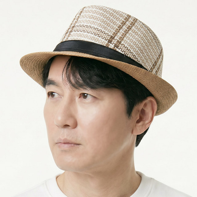 지사 페도라 모던 격자 체크 여름 중년남성 모자 할아버지 시원한 중절모 밀짚