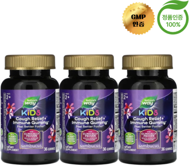 2+1 네이처스 웨이 어린이용 기침 완화 + 면역력 증진 비타민C 아연 블랙 엘더베리 2세 이상 구미젤리 36정, 3개