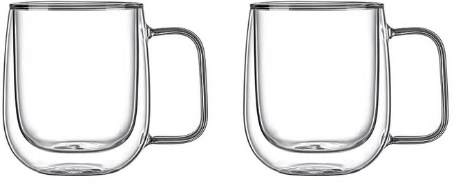 투데이리빙 1+1 이중 내열 투명 유리컵 더블레이어드 글라스 머그컵 보온 보냉 더블월 머그잔 다용도 강화 이중컵 홈카페 손잡이 유리잔 450ml 410ml, 2개, R98555Q(타입B_투명