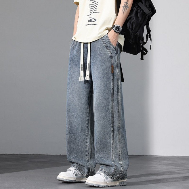 wassup 남자청바지시원한 얇은 데님루즈핏청년캐주얼 바지봄여름용 스트레이트 데님 팬츠