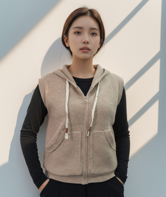 리빙스캔들 여성 니트 후드 조끼 집업 레이어드 도톰한 베스트 민소매 가디건