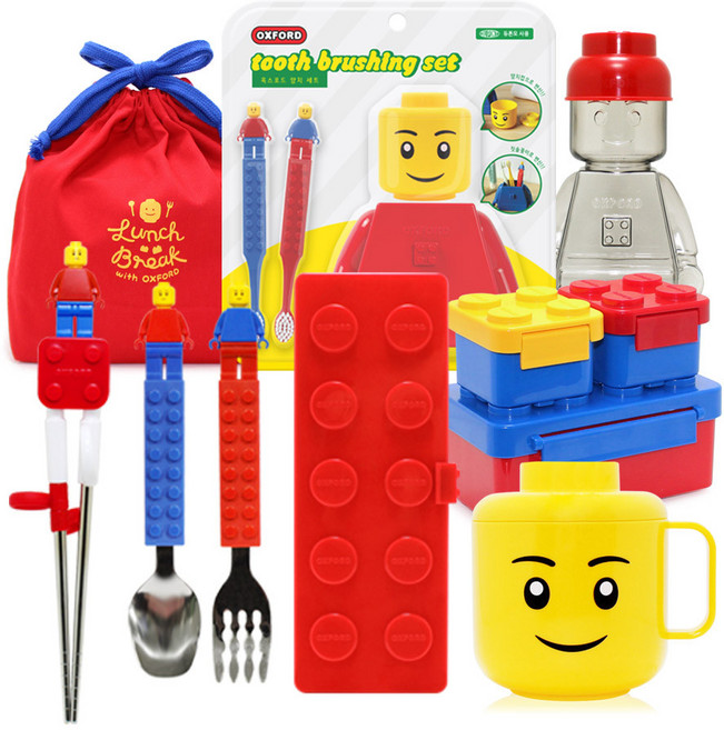 옥스포드 돌잔치선물(런치박스세트+파우치+3종스텐세트+양치세트+얼굴뚜껑컵+캡피규어보틀) 블록, R/런박셋+보냉파+3종스셋+양치셋+뚜컵+캡핍보, 런박셋+보냉파+3종스셋+양치셋+뚜컵+캡핍보, 1세트, 레드