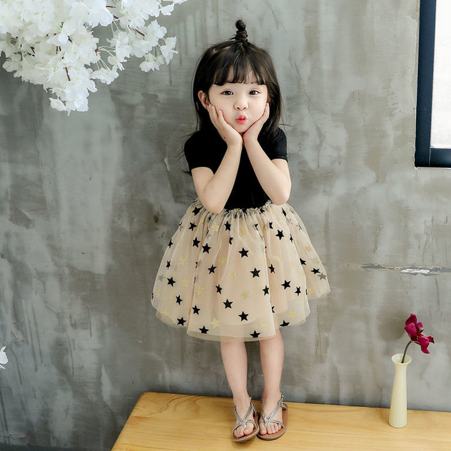 女童星星網紗連身裙 夏裝中小童紗裙 公主裙 女寶寶蓬蓬紗裙子 90cm-130cm