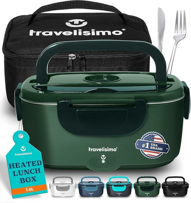 Travelisimo TRAVELISIMO 성인용 전기 런치 박스 100W 온열 남성용 1.5L 스테인리스 스틸 휴대용 푸드 워머 여행 및 업무용 12/24/110V Lon, Dark Green