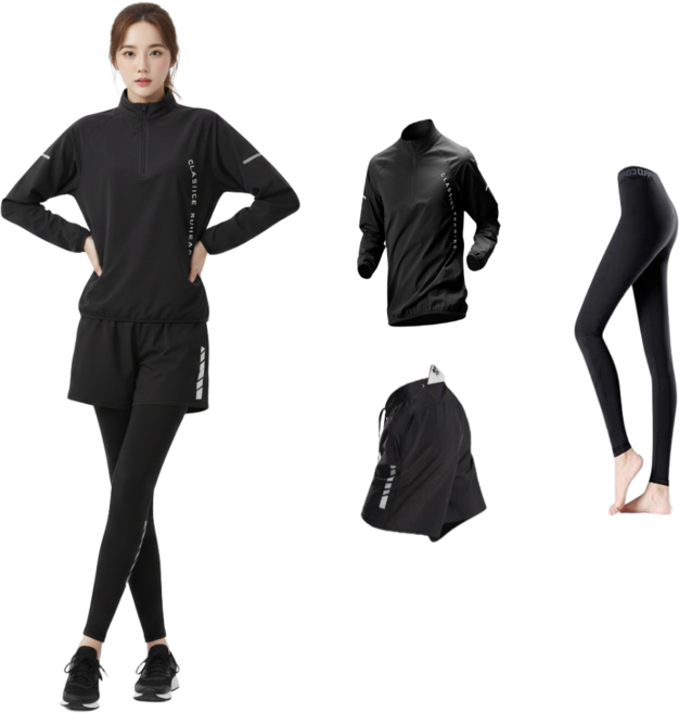 BYMSPORT 여성 런닝복 스포츠웨어 상하 운동복 세트 (긴팔+포켓반바지+긴레깅스)