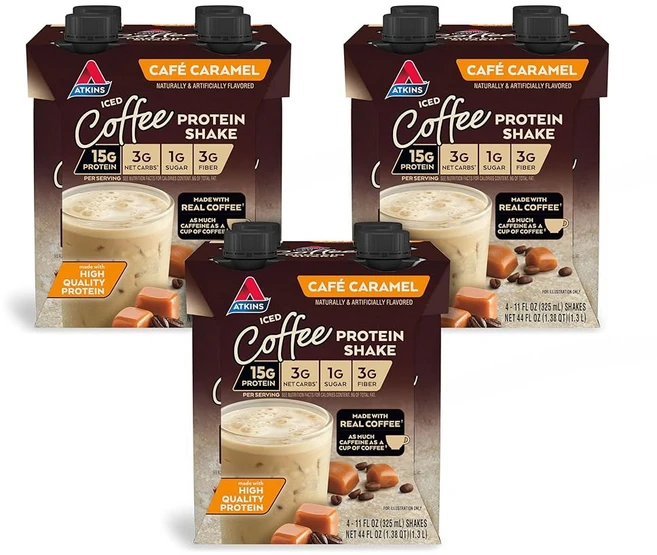 앳킨스 스티 라떼 단백질 쉐이크 꿀이 들어간 홍차 15g 섬유질 3g 설탕 1g 차로 만든 것 12개, 3 Caramel, 1 Fl Oz (Pack of 12) - 쿠팡