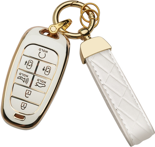 MODACE 현대 차키케이스+가죽 메탈 키링 키홀더(5버튼/7버튼)TPU 소프트젤 보호 케이스, 7버튼-골드 화이트