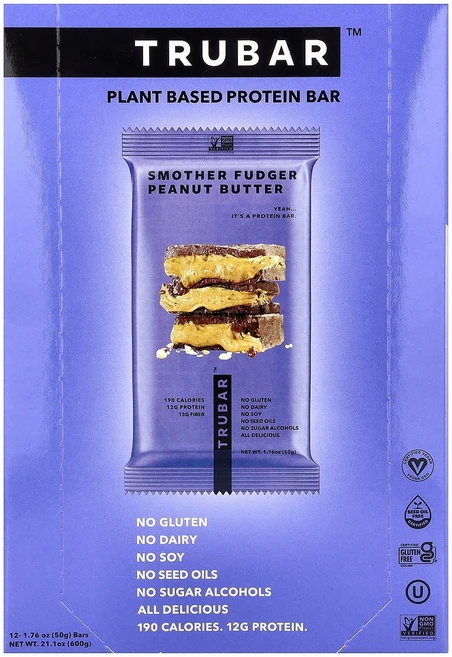Trubar 식물성 프로틴바 스무더 퍼저 피넛버터 12개입 개당 50g(1.76온스) - 쿠팡