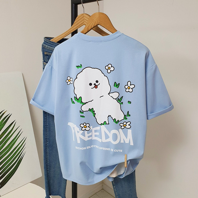 라베 아이스원단 케릭터 비숑 오버핏 남자 흰색 반팔티