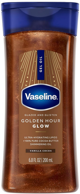 Vaseline Glazed & Glisten 쉬머링 골든 아워 글로우 바디 젤 오일 바닐라 및 코코아 버터 함유 부드럽고 빛나는 피부용 192.8g(6.8온스), 바세린 골든 아워 글로우 바닐라 코코아 젤 오일 200