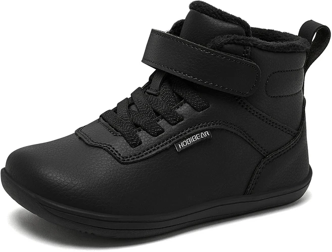 HOBIBEAR 어린이 겨울 맨발 신발 작은/큰/아이 넓은 발가락 상자 따뜻한 가짜 모피 안감 발목 후크 루프 스, 09 32, 03 Black