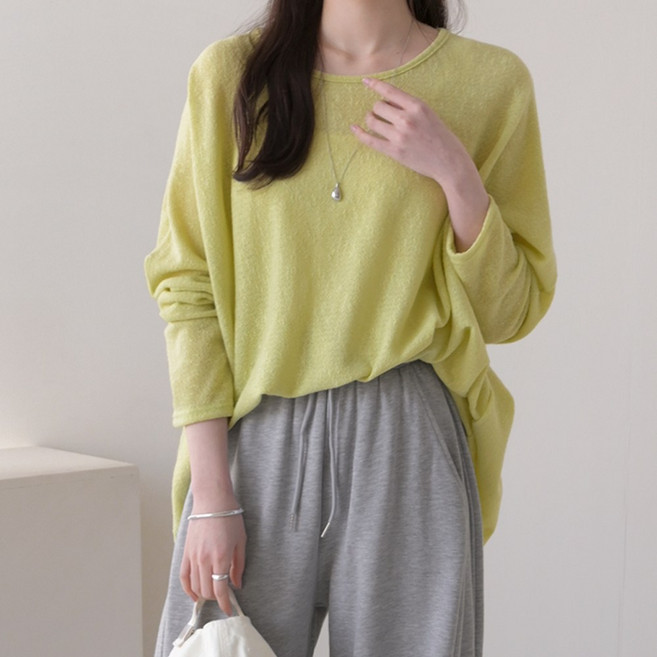 데일리앤 엘린 여성 레이어드 루즈핏 시스루 가오리 롱 니트 봄 여름 얇은 긴팔 여리핏 박시 티셔츠