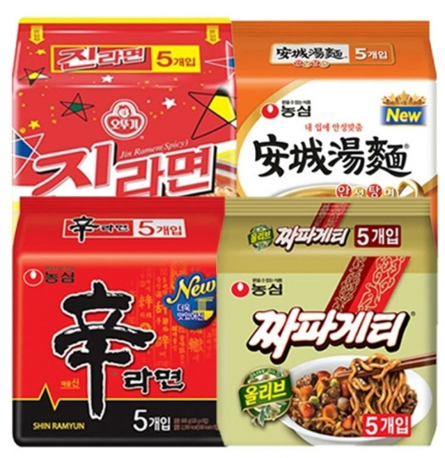 농심 봉지라면 혼합 20봉(신라면5봉+짜파게티5봉+진라면매운맛5봉+안성탕면5봉), 20개