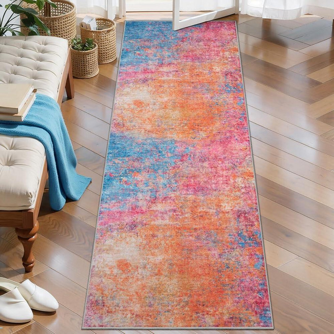Tangsoo Abstract 3x5 Area Rug Washable Non Slip Indoor Rugs Modern Accent Rug Print Small Carpet, Orange/Pink/Blue