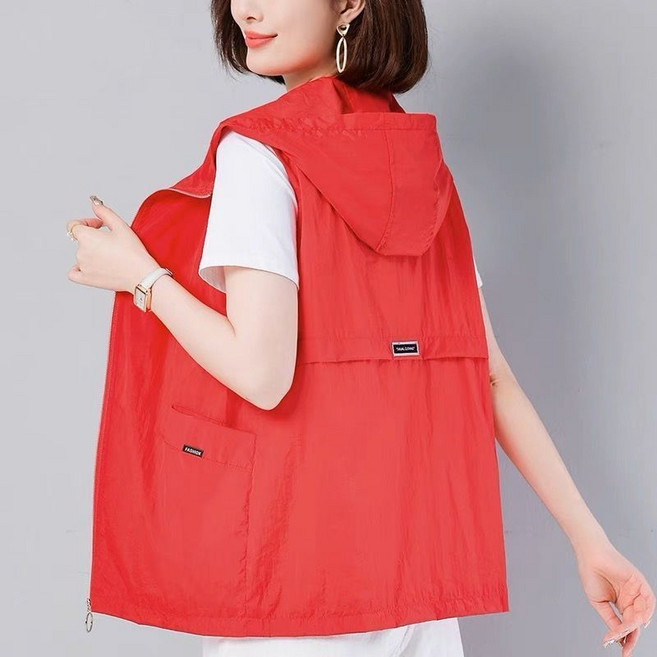 여성용 후드 포켓 조끼 여름 루즈핏 경량 민소매 집업 점퍼