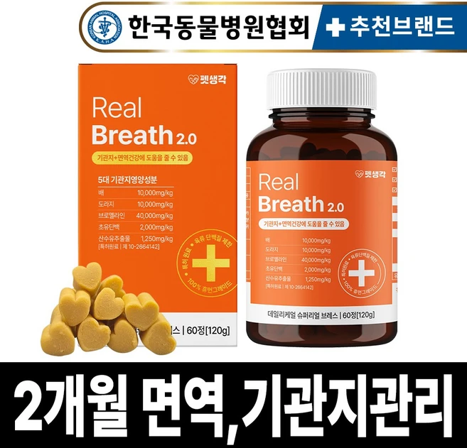 펫생각 리얼브레스 반려견 강아지 기관지 영양제 협착증 기침 면역력 호흡기 켁켁거림 거위소리 120g, 60정, 호흡기/기관지, 1개 - 쿠팡