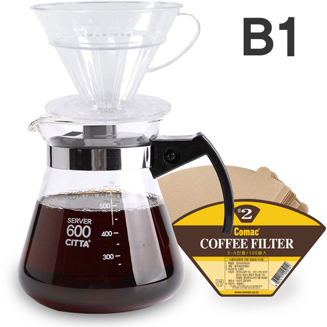 케이 핸드드립 커피드리퍼 세트B1(비원) (플라스틱 드리퍼+600ml 유리서버+Comac 여과지 100매) 코맥, 1개