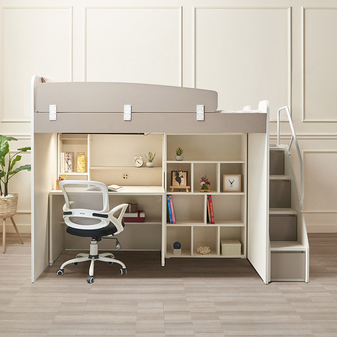 [매트업그레이드행사][에보니아] 허밍 슈퍼싱글 벙커침대 계단형 (책상/책장/옷장 조합형), 3_매트제외_B세트(책상책장)_가드(그레이)