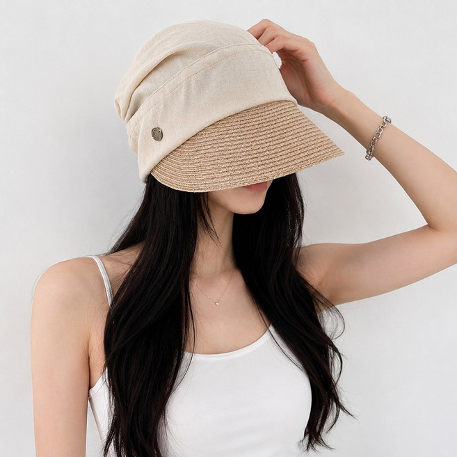 여성 보닛 썬캡 라피아 리본 스트랩 와이드챙 여름 모자 햇빛가리개 린넨 여행 버킷햇