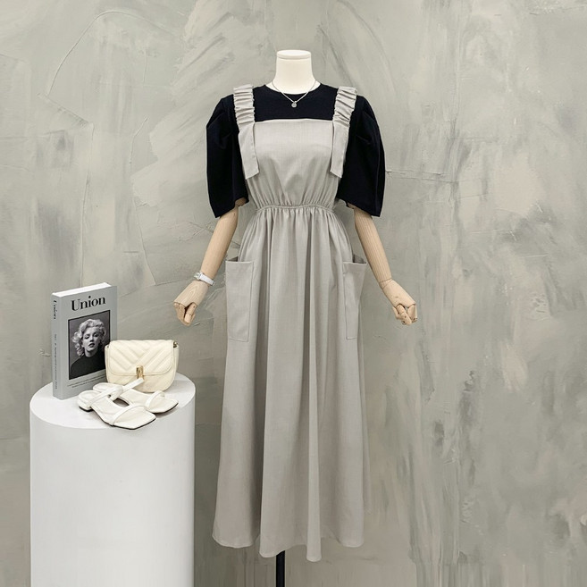 [행복여] 퓨르 양 포켓 프릴 끈 플레어 멜빵 뷔스티에 원피스